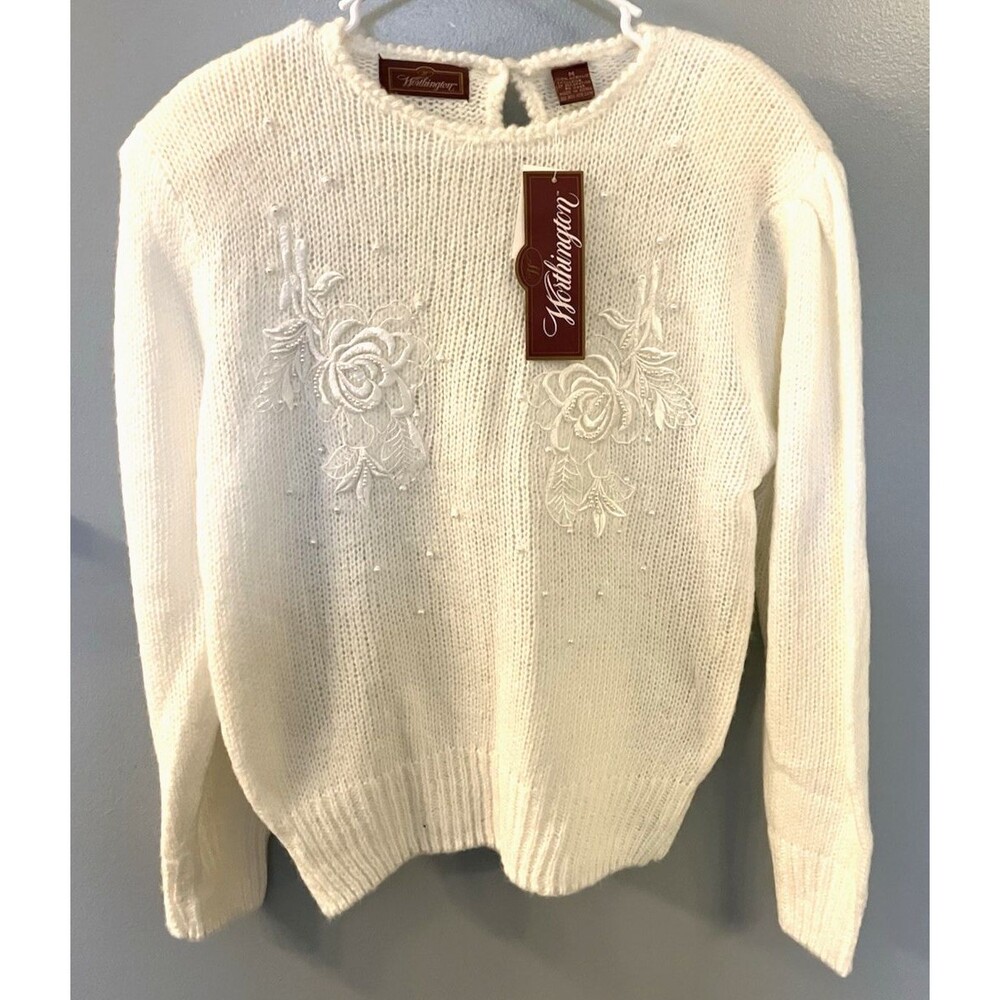 Worthington NWT Womens White Knit Pearl Bead Keyhole Neck Sweater Size M